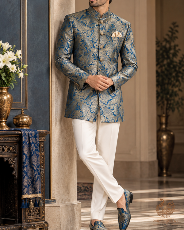 Blue Banarasi Brocade Fabric With All Over Thread And Zari Handloom 24805