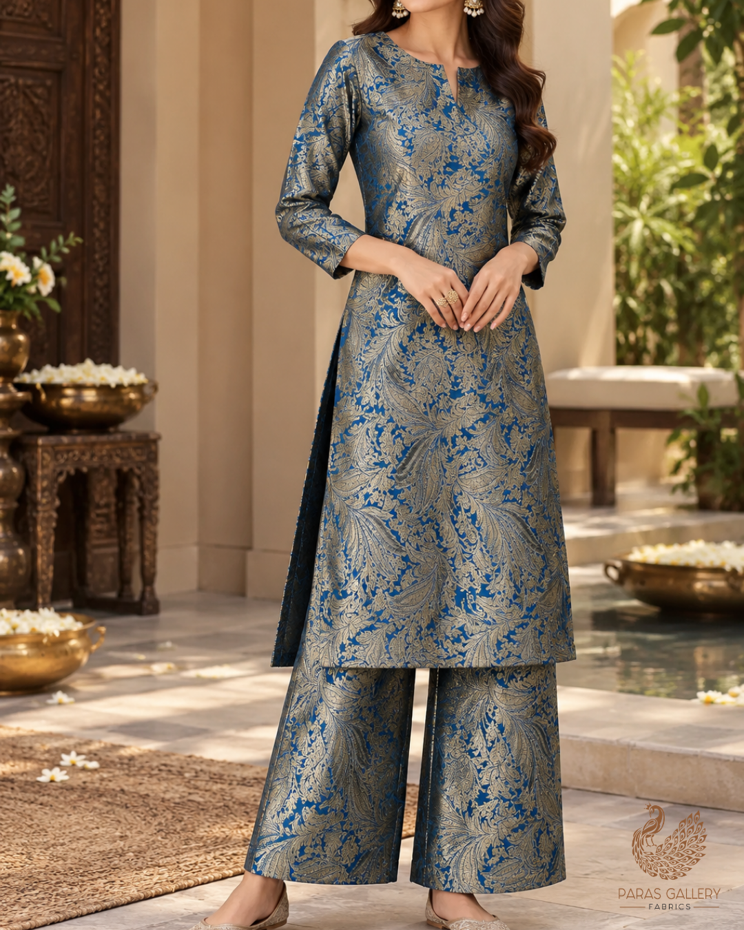 Blue Banarasi Brocade Fabric With All Over Thread And Zari Handloom 24805