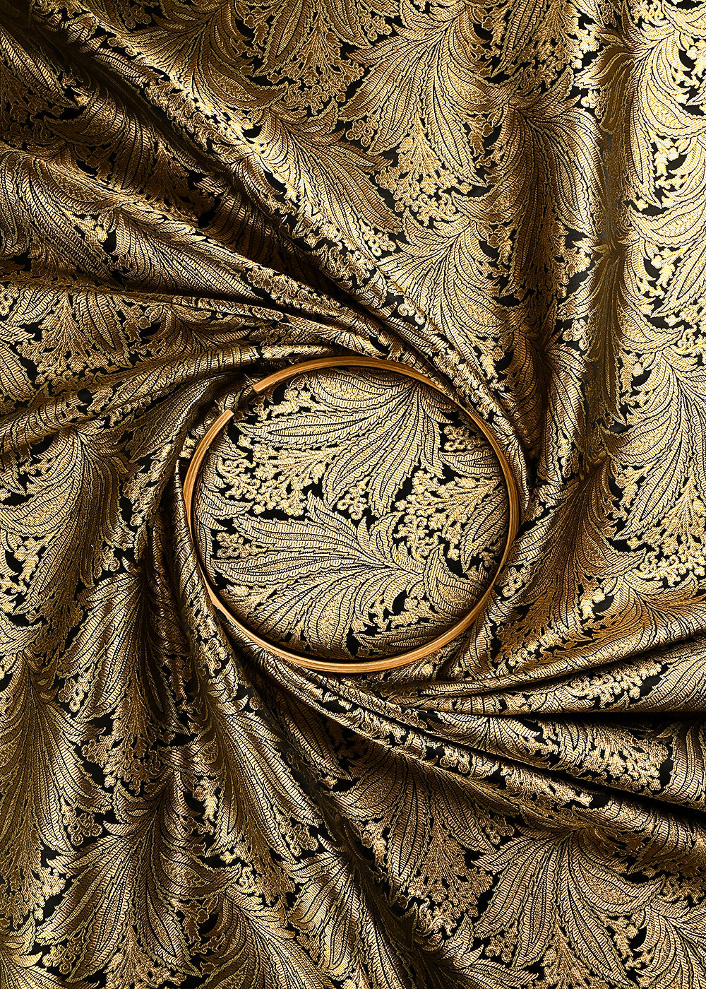 Black Banarasi Brocade Fabric With All Over Thread And Zari Handloom 24807