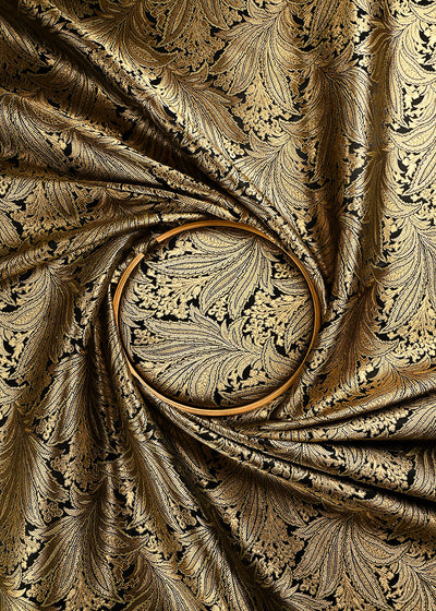 Black Banarasi Brocade Fabric With All Over Thread And Zari Handloom 24807