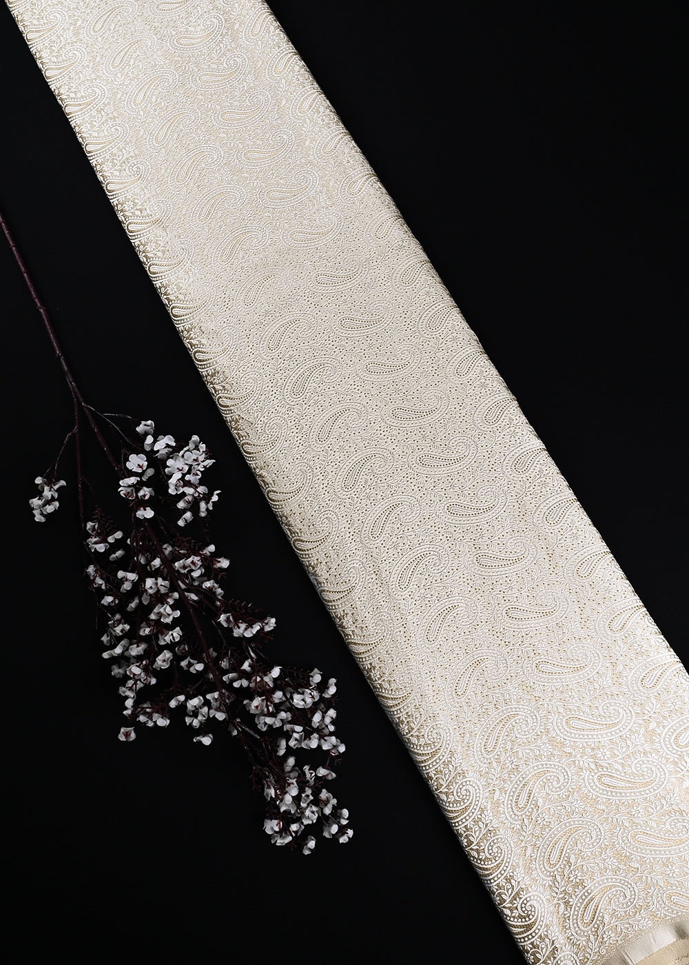 White Dyeable Silk Fabric With All Over Zari And Thread Handloom 24814