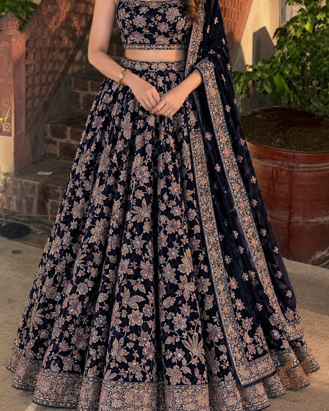 Navy Blue Velvet Brasso Dupatta Fabric With All Over Abstract Work With Both Side Border 24825