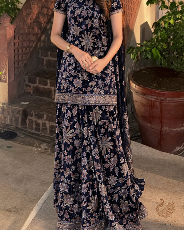 Navy Blue Velvet Brasso Dupatta Fabric With All Over Abstract Work With Both Side Border 24825