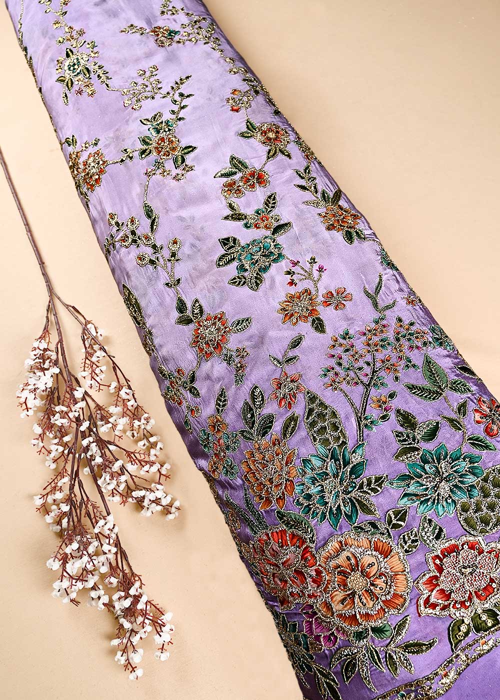 Lavender Crepe Fabric With All Over Zari And Sequins With One Side Border 24828