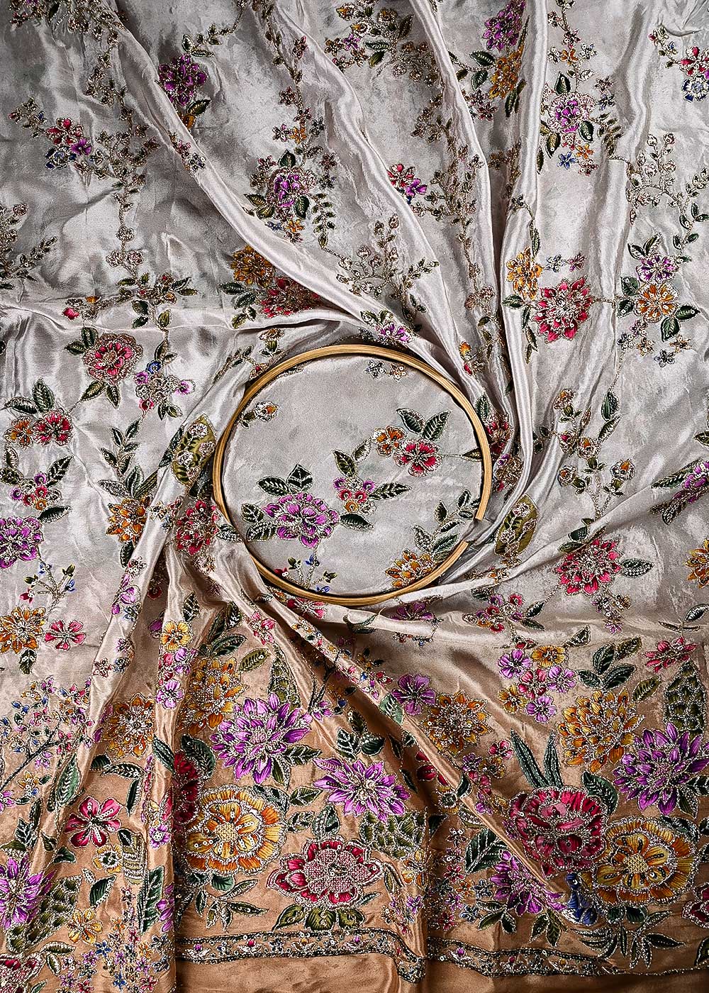 Gold Crepe Fabric With All Over Zari And Sequins With One Side Border 24829