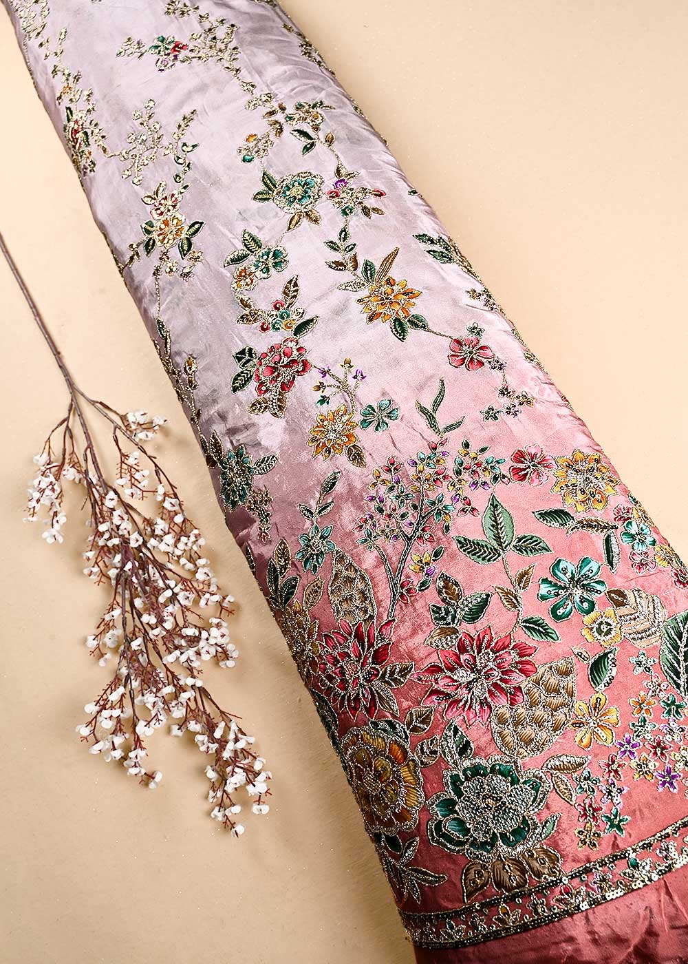 Rust Crepe Fabric With All Over Zari And Sequins With One Side Border 24830