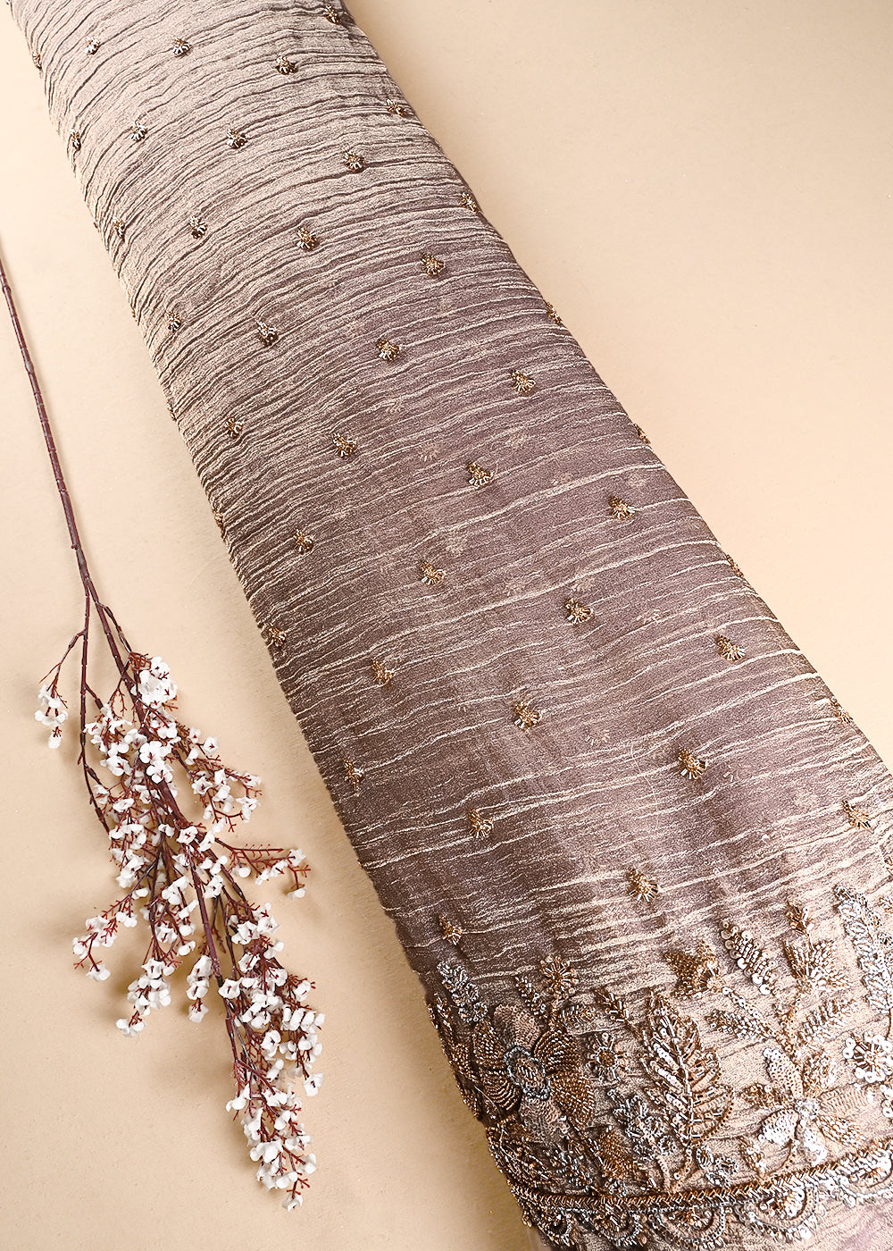 Lavender Crushed Tissue Fabric With All Over Zari, Sequins And Katdana Work With One Side Border 24831