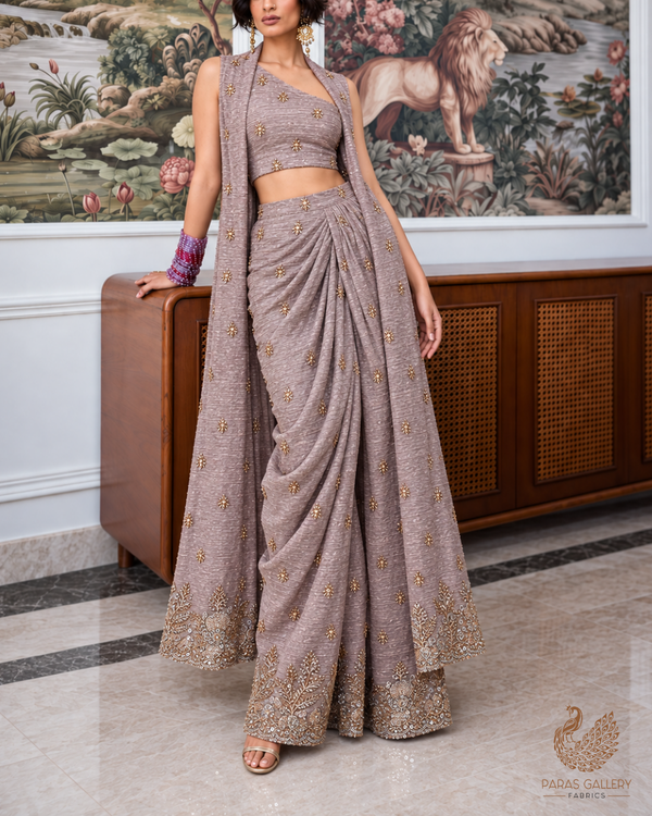 Lavender Crushed Tissue Fabric With All Over Zari, Sequins And Katdana Work With One Side Border 24831