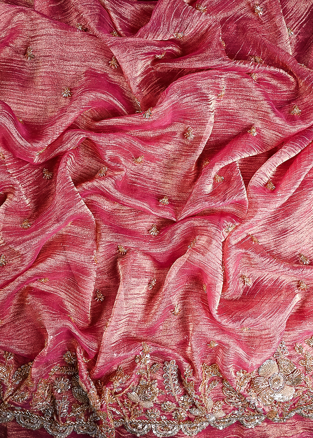 Gajri Crushed Tissue Fabric With All Over Zari, Sequins And Katdana Work With One Side Border 24832