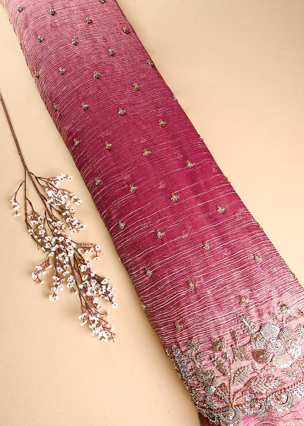 Gajri Crushed Tissue Fabric With All Over Zari, Sequins And Katdana Work With One Side Border 24832
