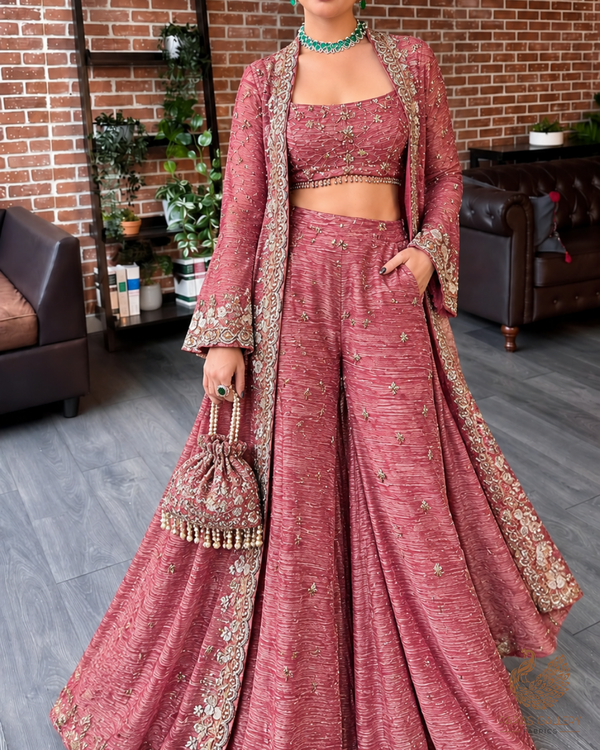 Gajri Crushed Tissue Fabric With All Over Zari, Sequins And Katdana Work With One Side Border 24832