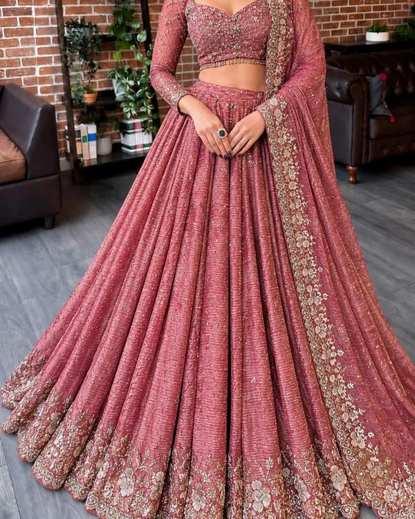 Gajri Crushed Tissue Fabric With All Over Zari, Sequins And Katdana Work With One Side Border 24832