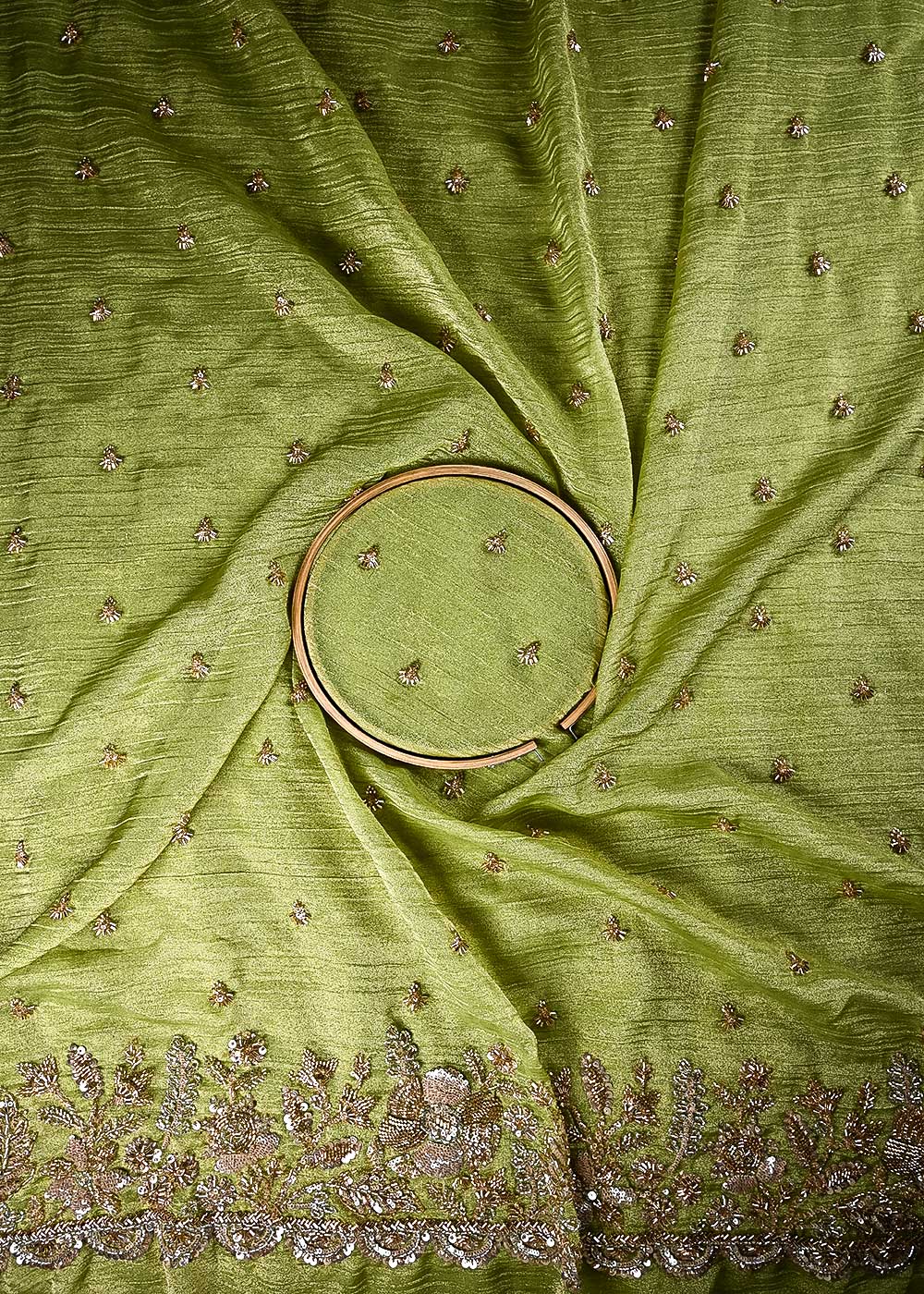 Pista Green Crushed Tissue Fabric With All Over Sequins And Katdana With One Side Border 24833