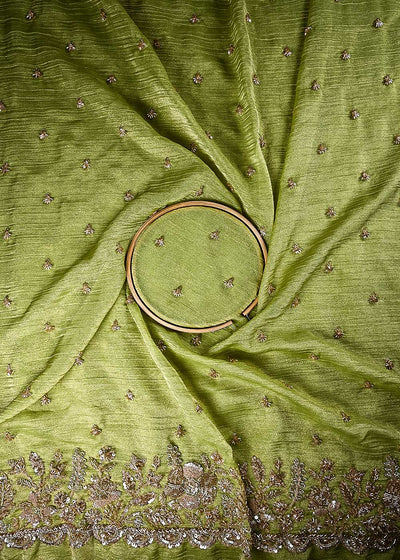 Pista Green Crushed Tissue Fabric With All Over Sequins And Katdana With One Side Border 24833