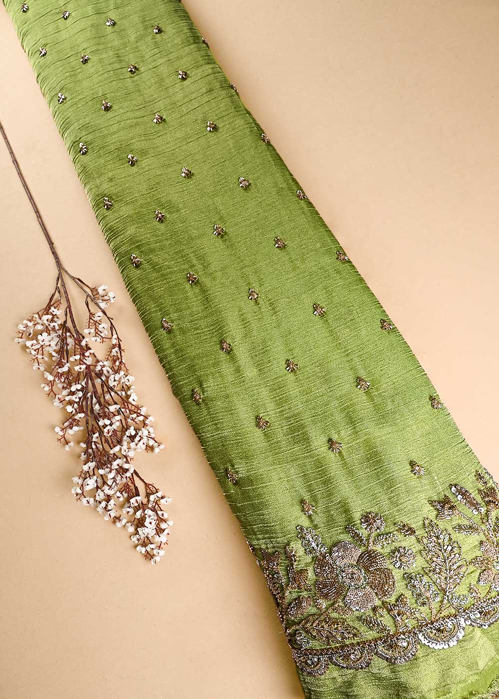 Pista Green Crushed Tissue Fabric With All Over Sequins And Katdana With One Side Border 24833