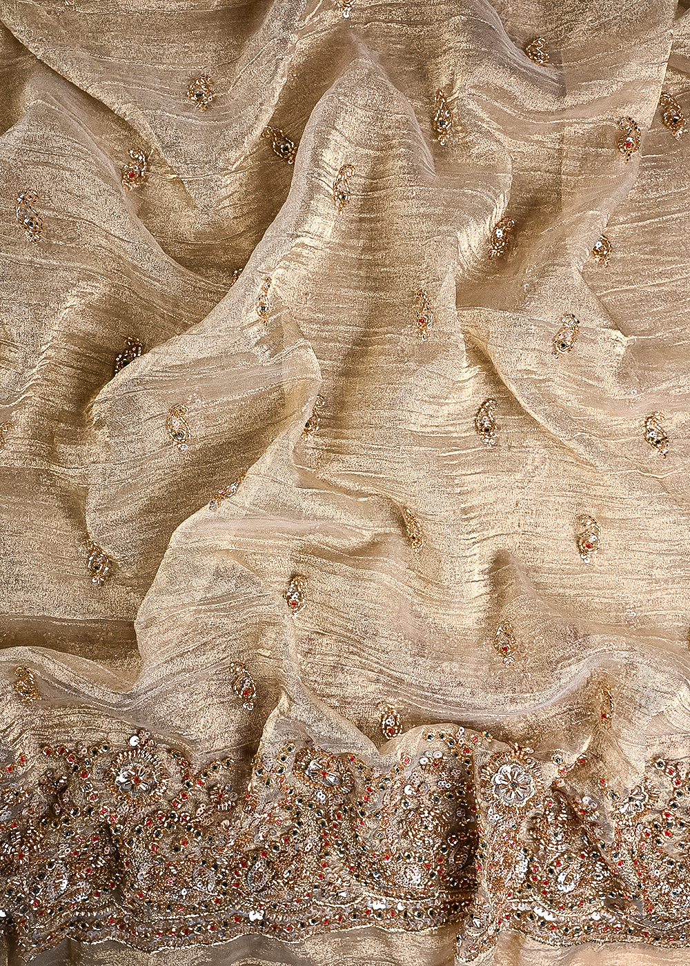 Golden Crushed Tissue Fabric With All Over Zari, Sequins And Katdana Work With One Side Border 24834