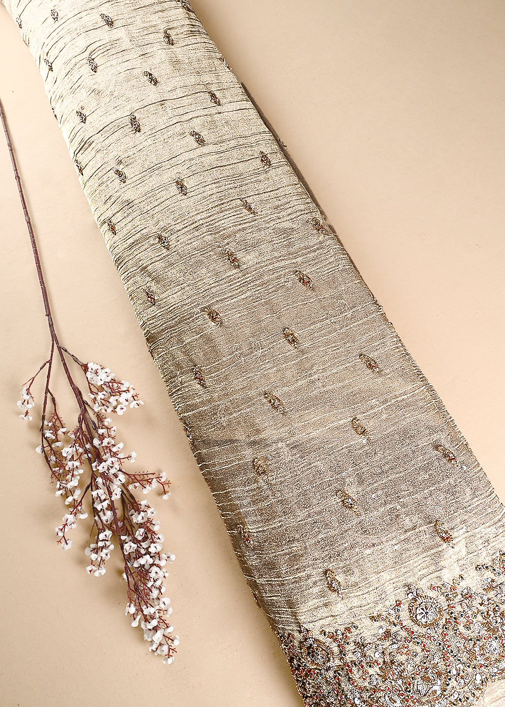Golden Crushed Tissue Fabric With All Over Zari, Sequins And Katdana Work With One Side Border 24834