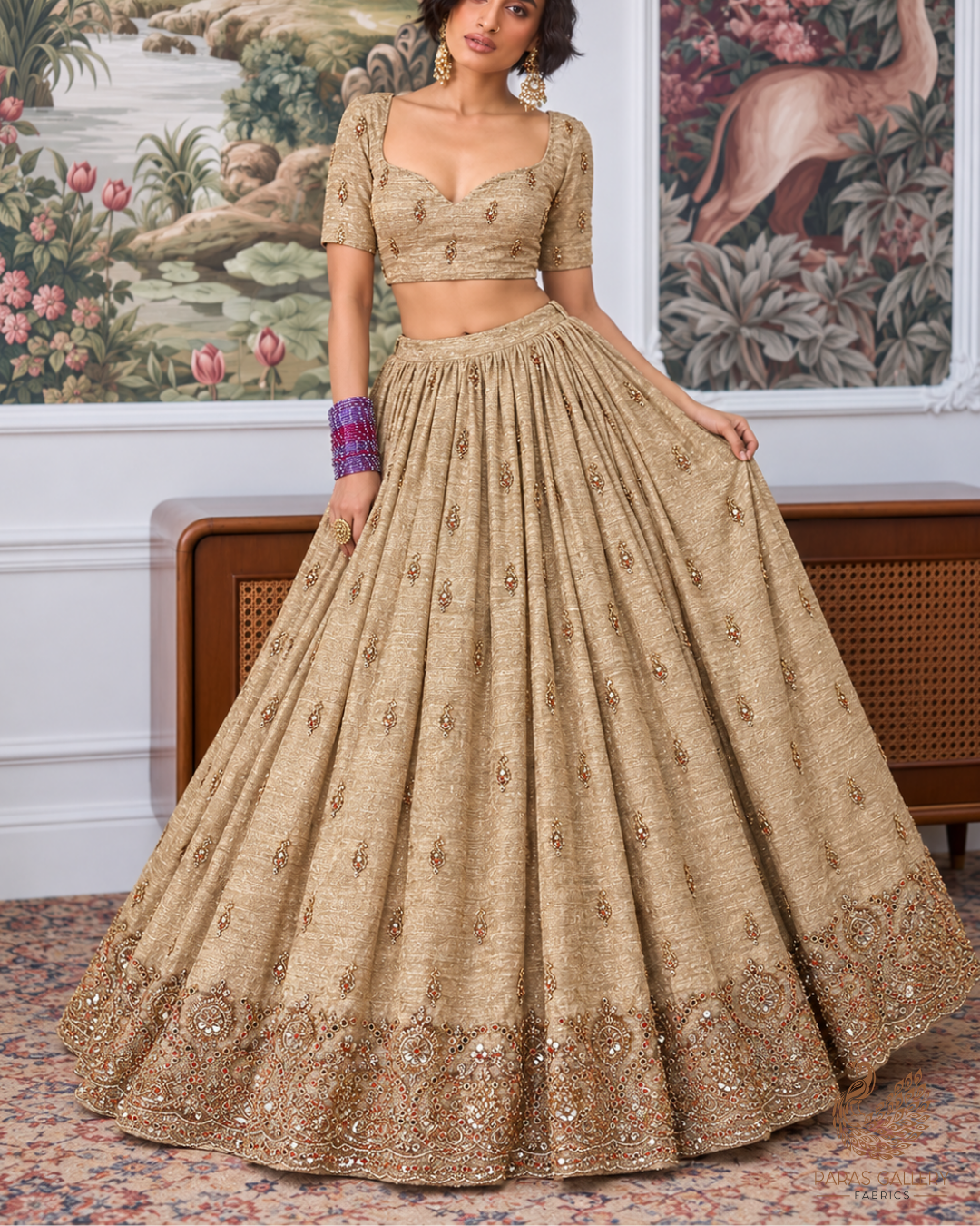 Golden Crushed Tissue Fabric With All Over Zari, Sequins And Katdana Work With One Side Border 24834
