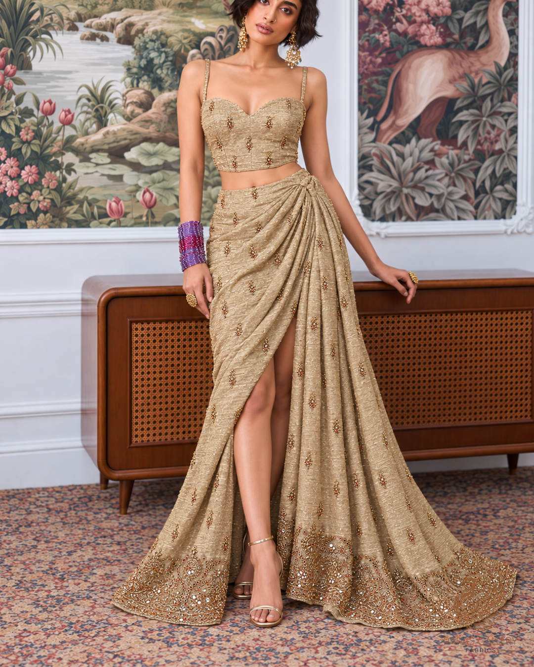 Golden Crushed Tissue Fabric With All Over Zari, Sequins And Katdana Work With One Side Border 24834