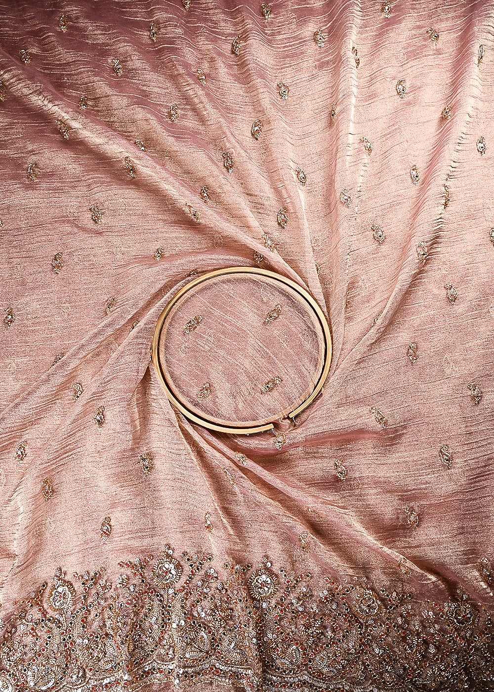 Peach Crushed Tissue Fabric With All Over Zari, Sequins And Katdana Work With One Side Border 24835
