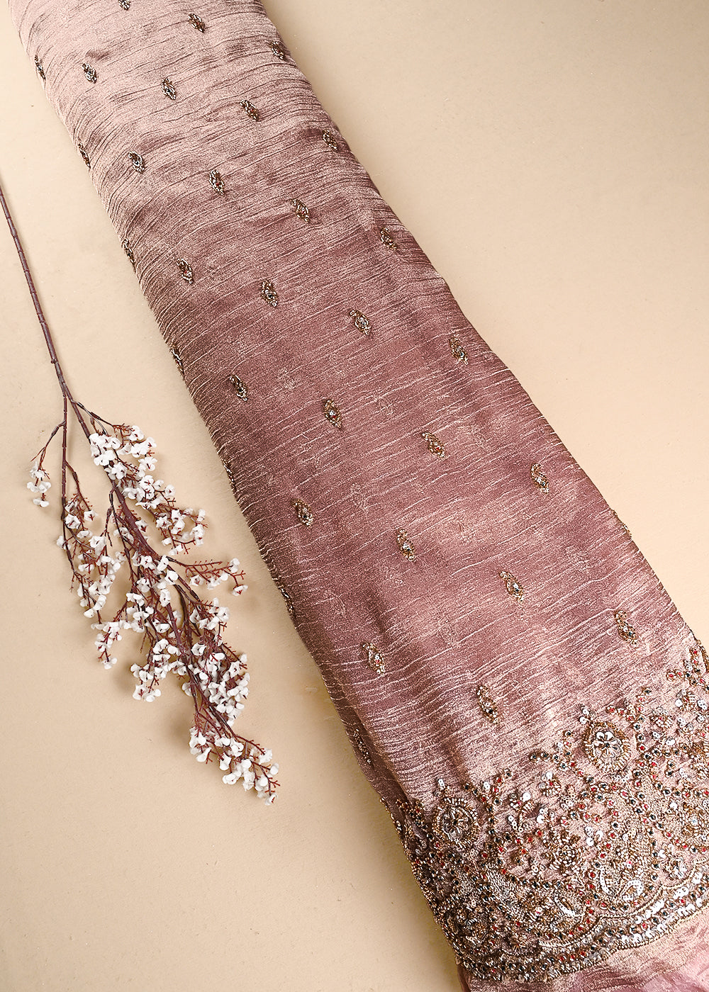 Peach Crushed Tissue Fabric With All Over Zari, Sequins And Katdana Work With One Side Border 24835