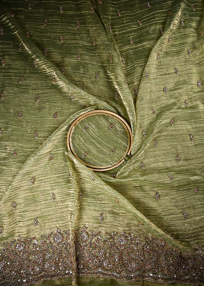 Mehendi Green Crushed Tissue Fabric With All Over Sequins And Katdana With One Side Border 24836