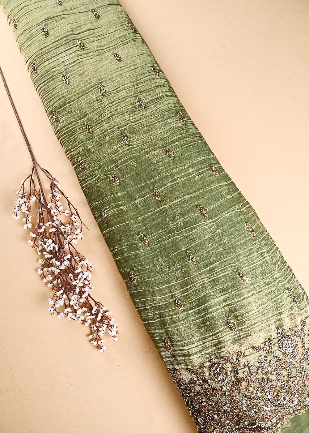 Mehendi Green Crushed Tissue Fabric With All Over Sequins And Katdana With One Side Border 24836