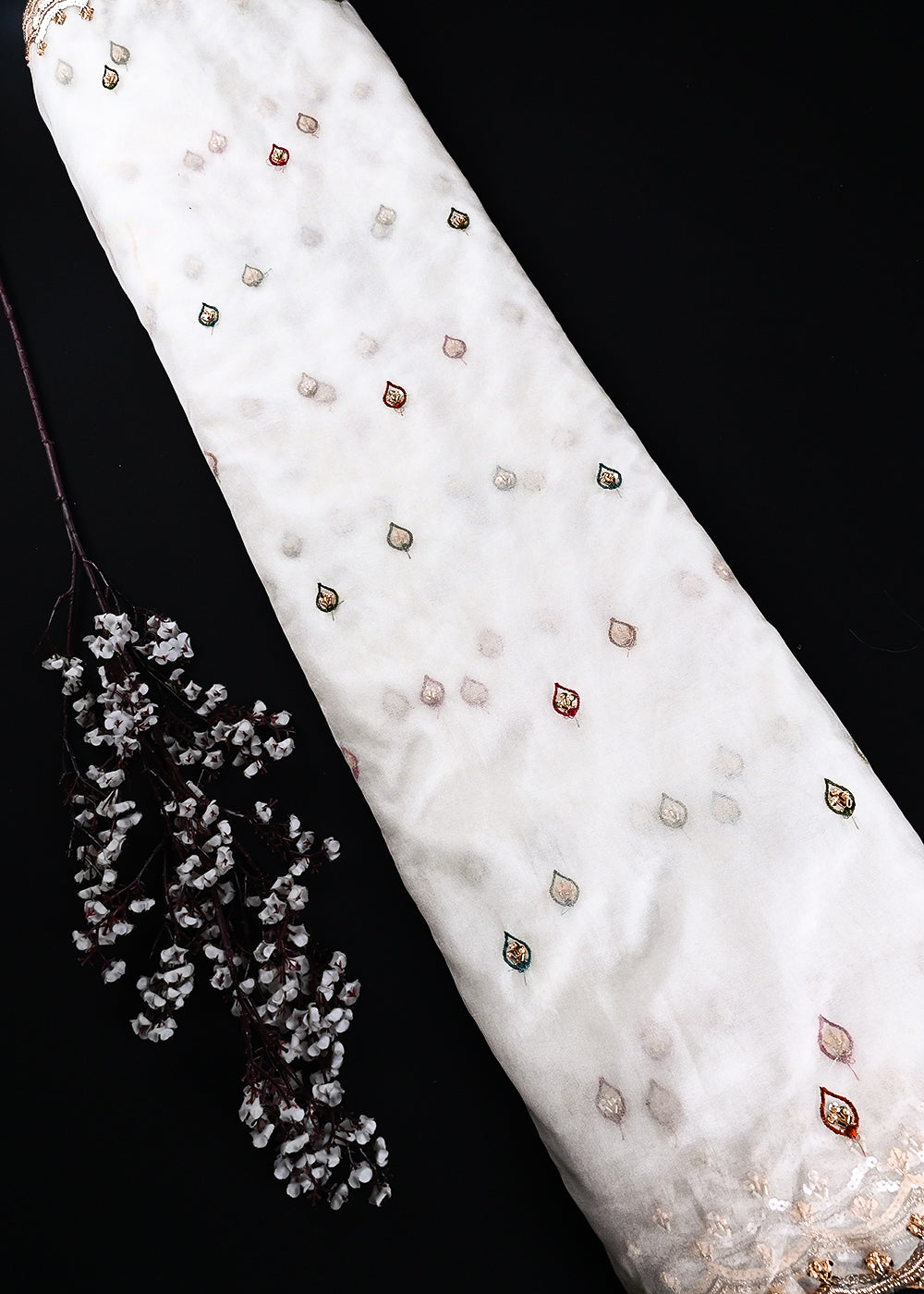 White Dyeable Crepe Fabric With All Over Zari, Sequins And Katdana Work 24843