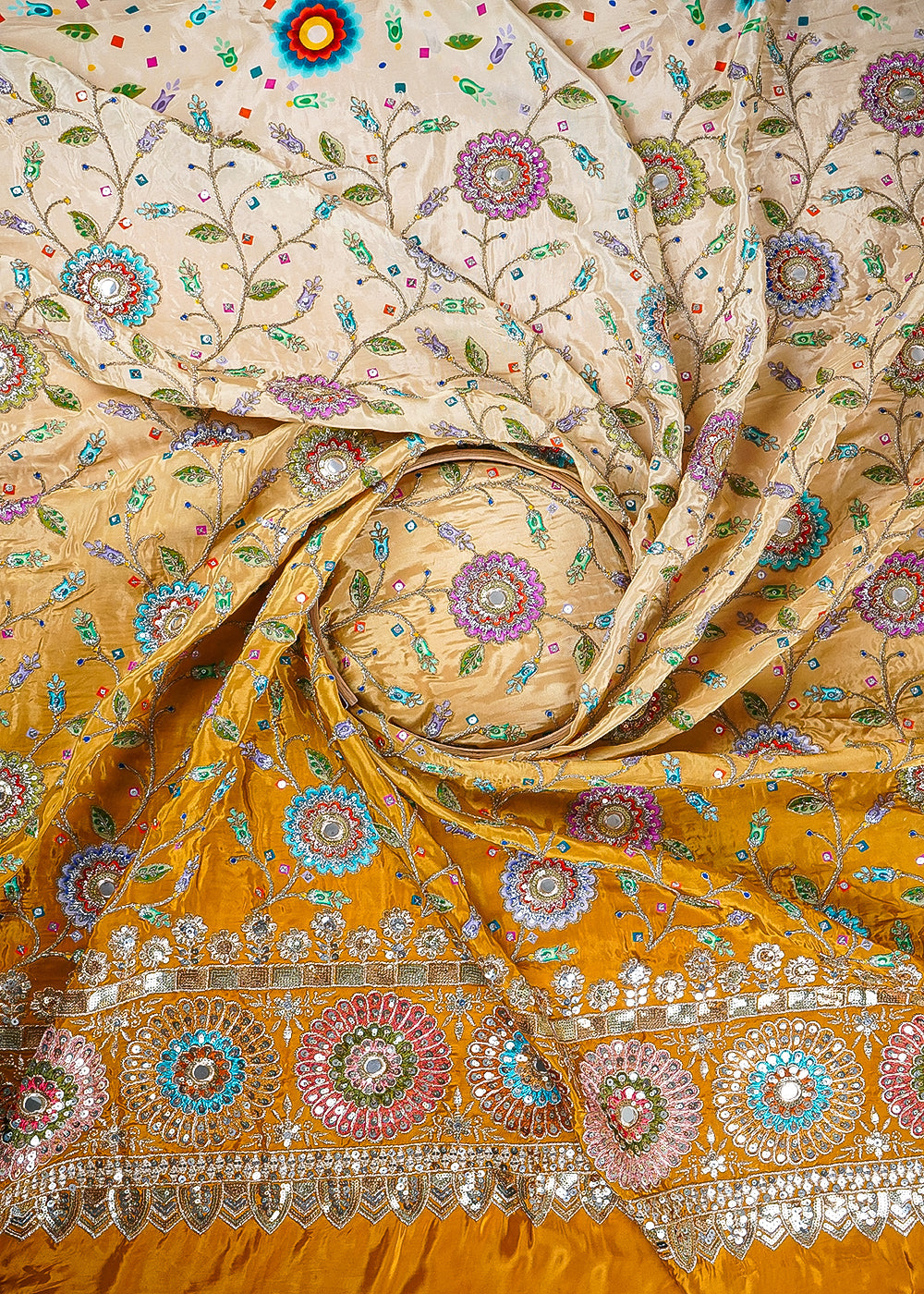 Mustard Crepe Fabric With All Over Zari, Sequins And Faux Mirror Work With One Side Border 24844