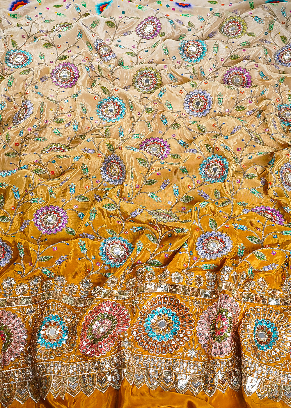 Mustard Crepe Fabric With All Over Zari, Sequins And Faux Mirror Work With One Side Border 24844