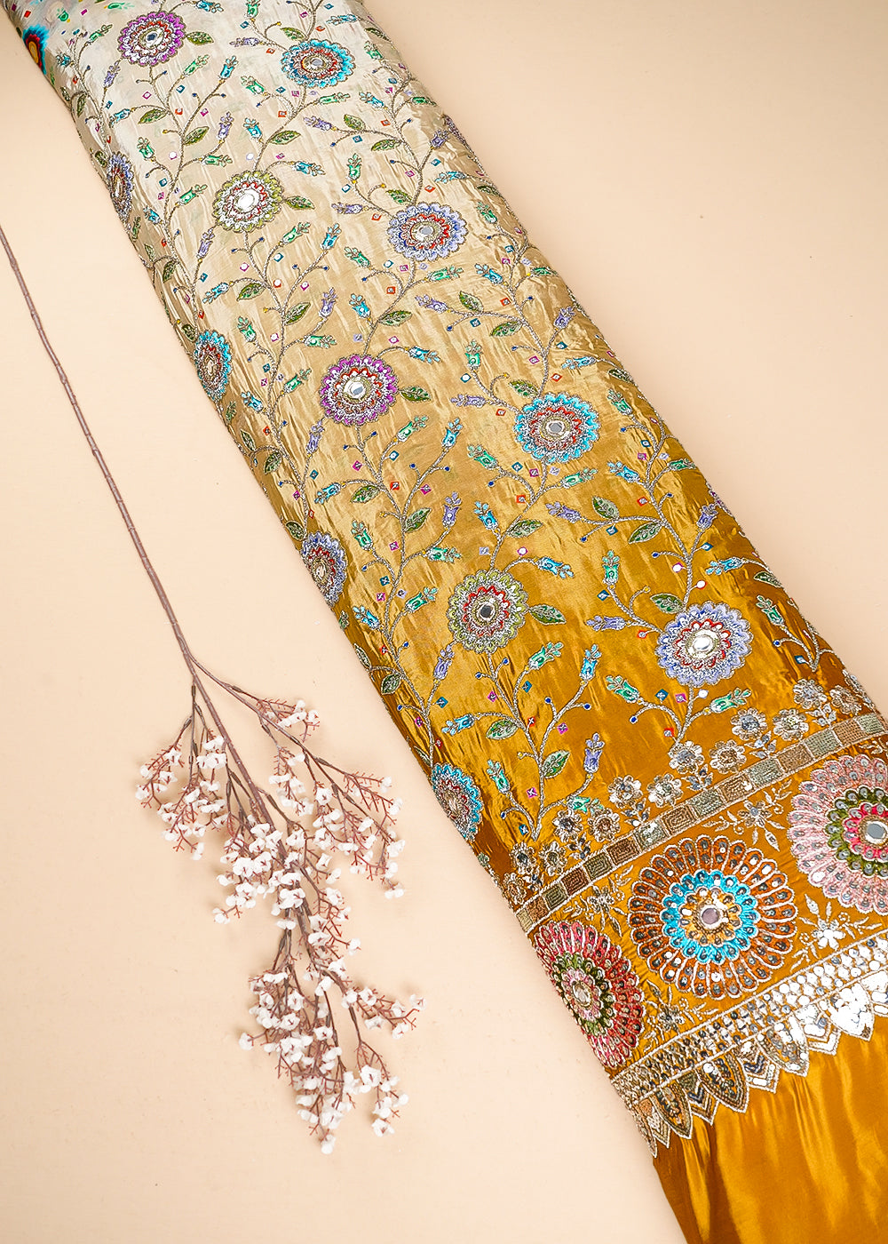 Mustard Crepe Fabric With All Over Zari, Sequins And Faux Mirror Work With One Side Border 24844