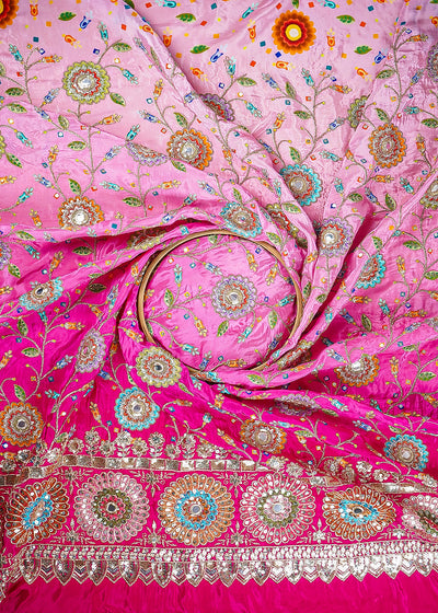 Rani Pink Crepe Fabric With All Over Zari, Sequins And Faux Mirror Work With One Side Border 24845