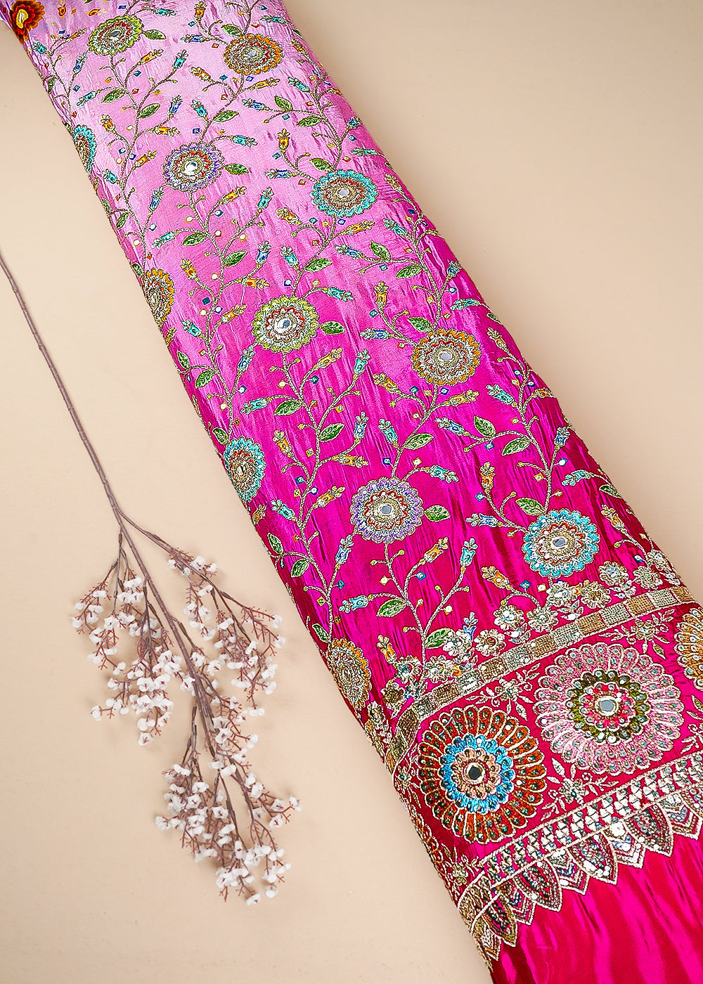 Rani Pink Crepe Fabric With All Over Zari, Sequins And Faux Mirror Work With One Side Border 24845
