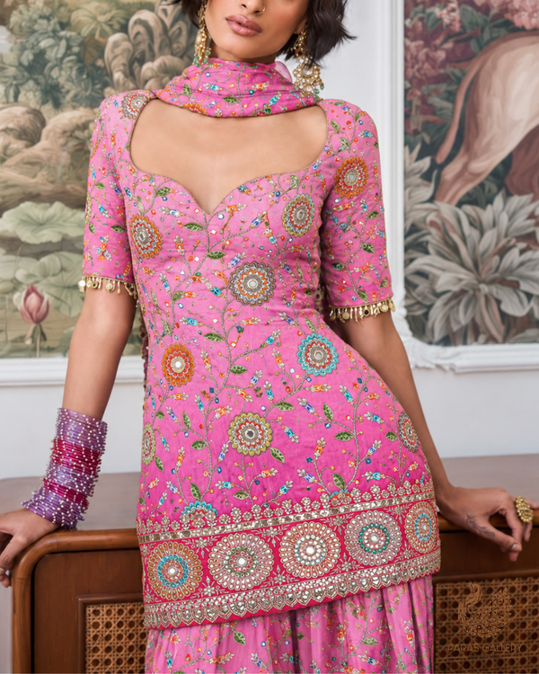 Rani Pink Crepe Fabric With All Over Zari, Sequins And Faux Mirror Work With One Side Border 24845