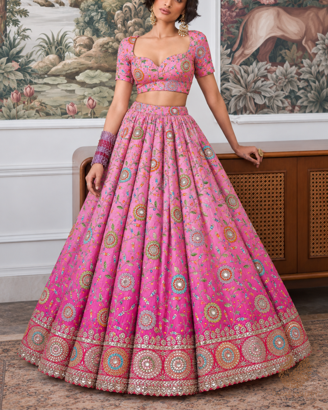 Rani Pink Crepe Fabric With All Over Zari, Sequins And Faux Mirror Work With One Side Border 24845