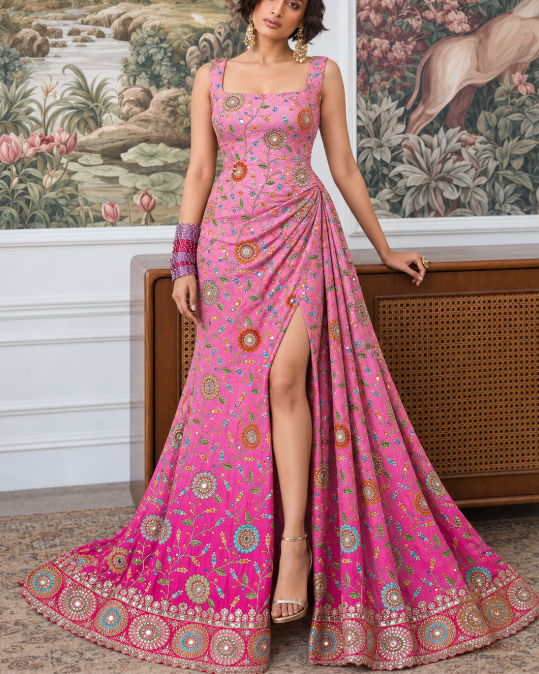 Rani Pink Crepe Fabric With All Over Zari, Sequins And Faux Mirror Work With One Side Border 24845