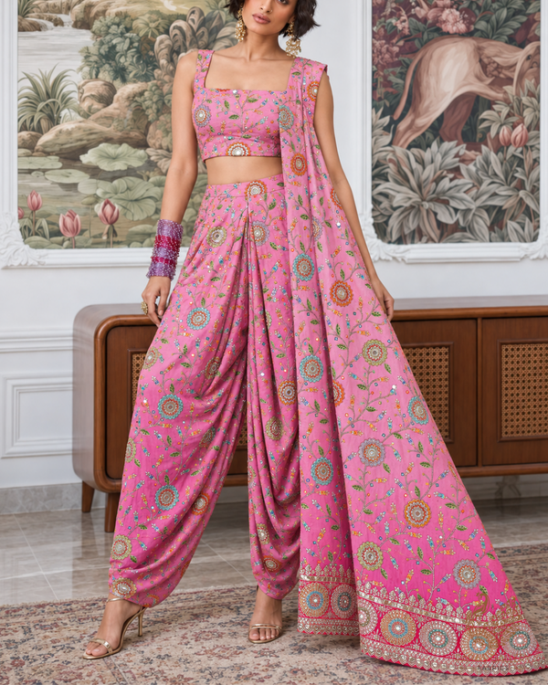 Rani Pink Crepe Fabric With All Over Zari, Sequins And Faux Mirror Work With One Side Border 24845