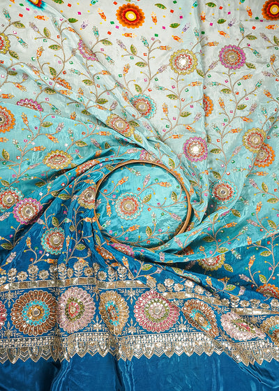 Teal Blue Crepe Fabric With All Over Zari, Sequins And Faux Mirror Work With One Side Border 24846