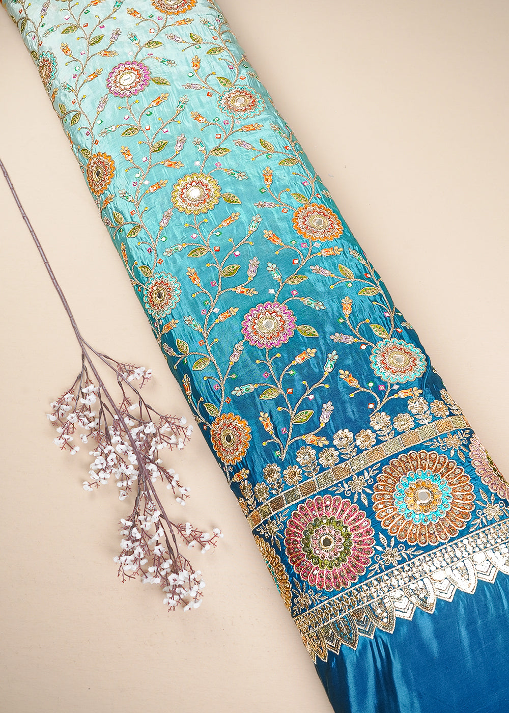 Teal Blue Crepe Fabric With All Over Zari, Sequins And Faux Mirror Work With One Side Border 24846