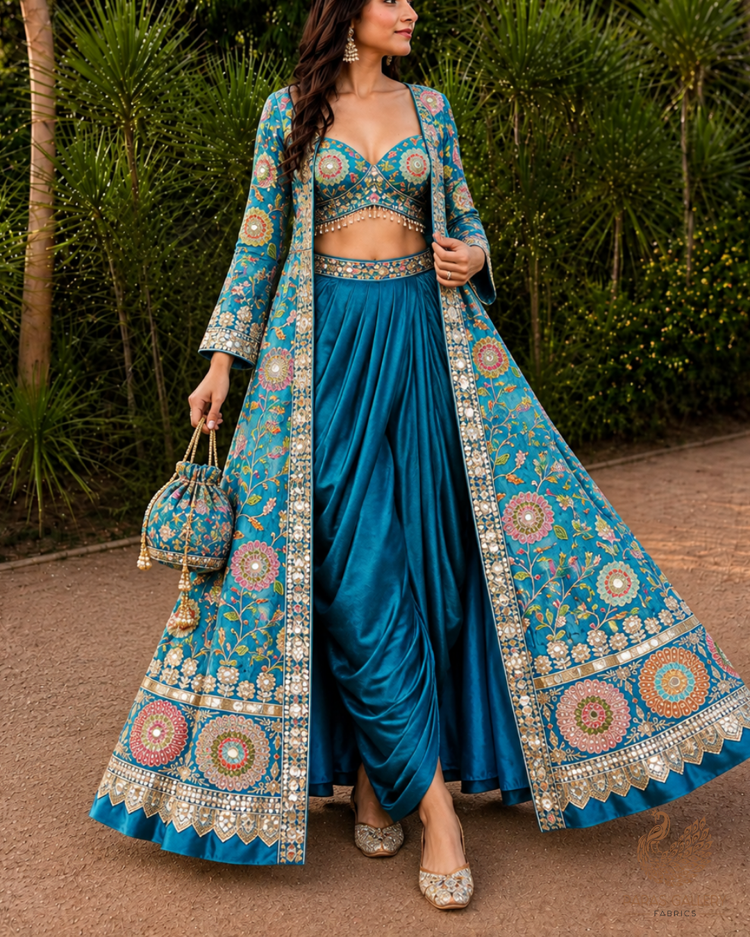 Teal Blue Crepe Fabric With All Over Zari, Sequins And Faux Mirror Work With One Side Border 24846