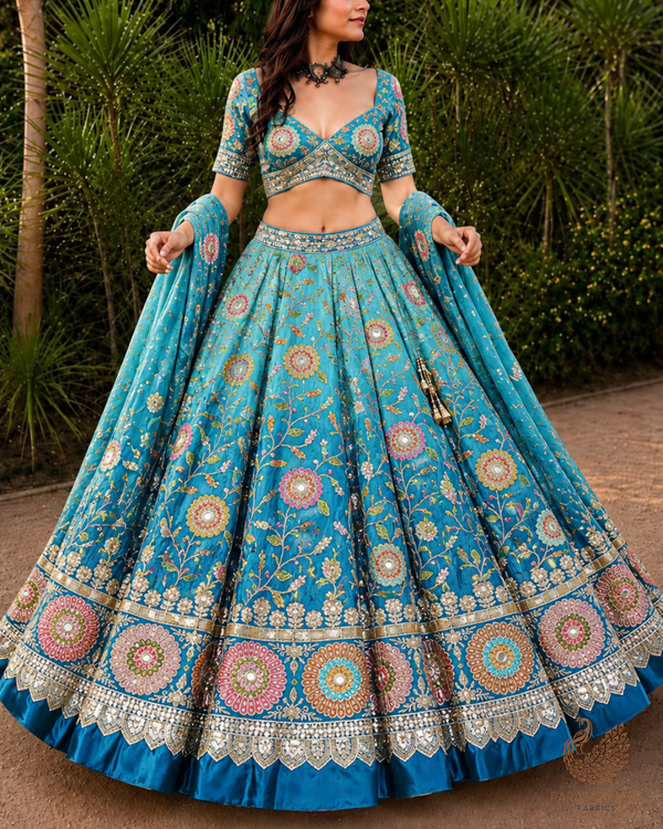 Teal Blue Crepe Fabric With All Over Zari, Sequins And Faux Mirror Work With One Side Border 24846