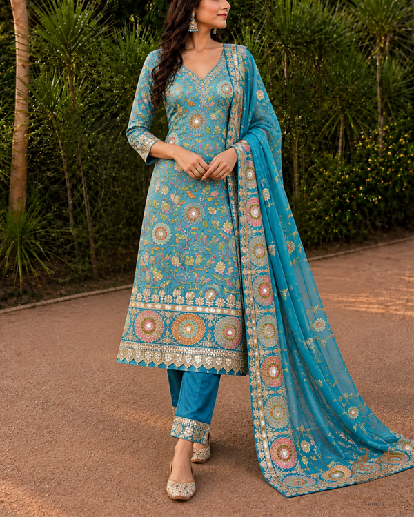 Teal Blue Crepe Fabric With All Over Zari, Sequins And Faux Mirror Work With One Side Border 24846
