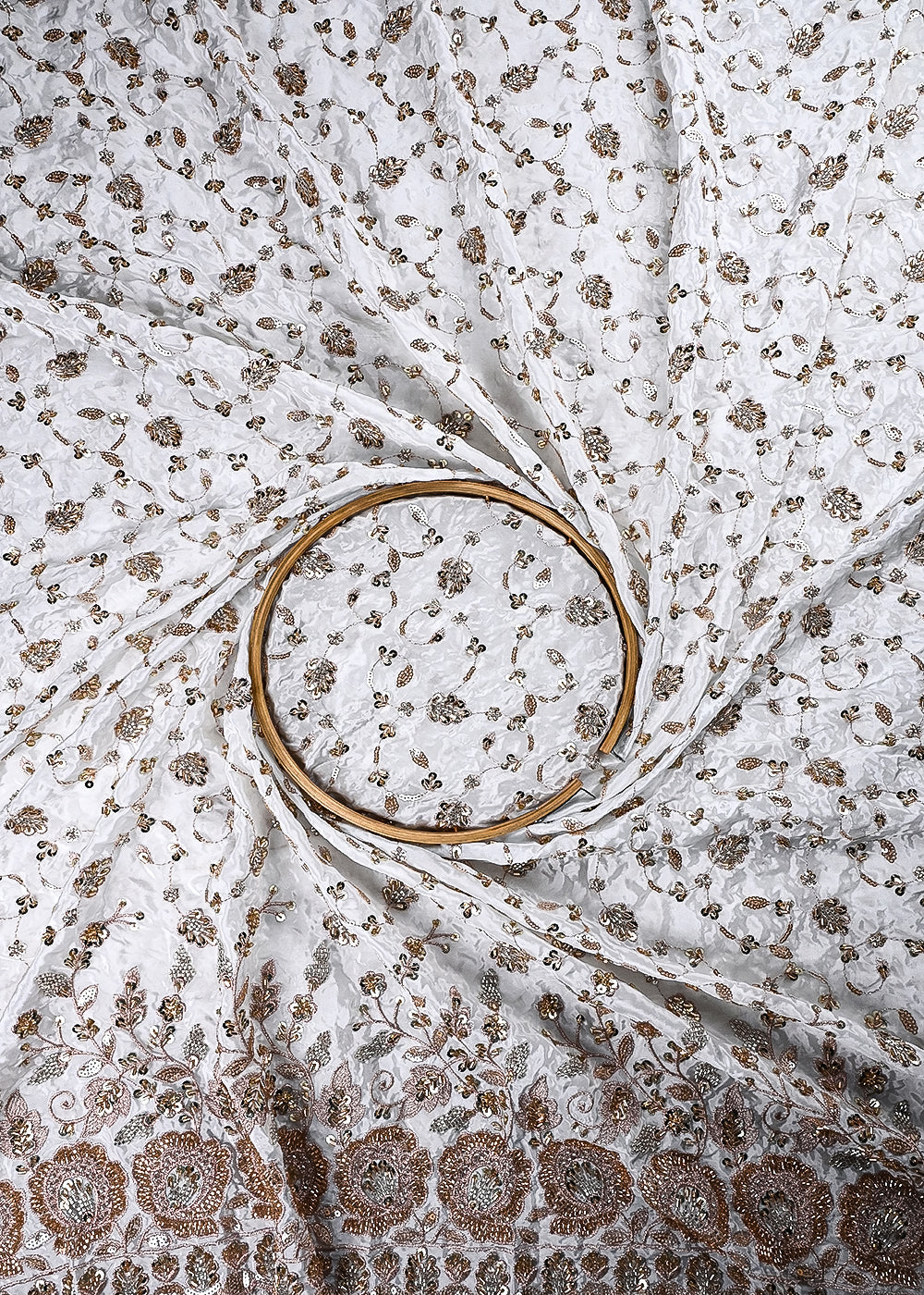 White Dyeable Crepe Fabric With All Over Zari, Sequins And Katdana Work With One Side Border 23848