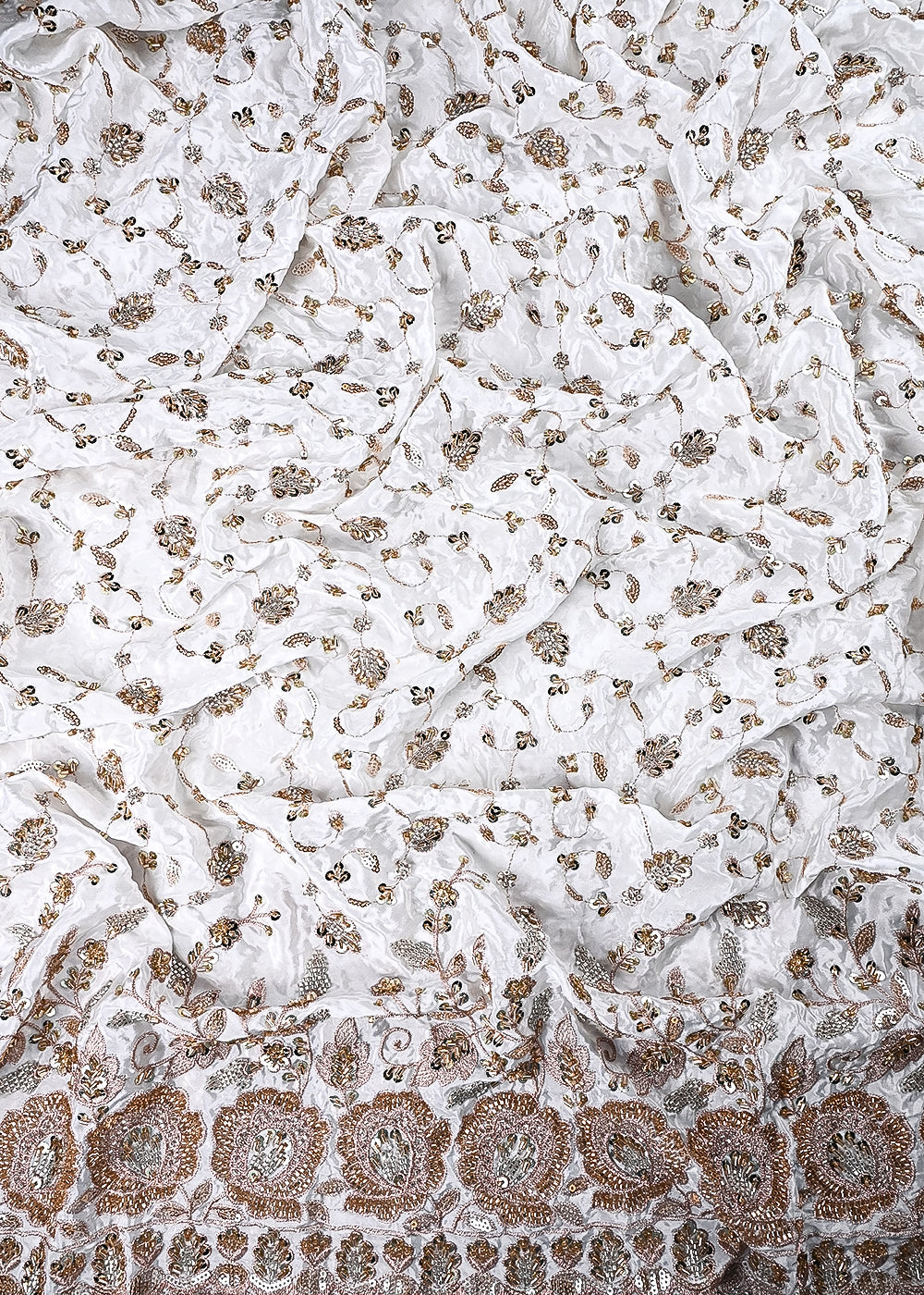 White Dyeable Crepe Fabric With All Over Zari, Sequins And Katdana Work With One Side Border 23848