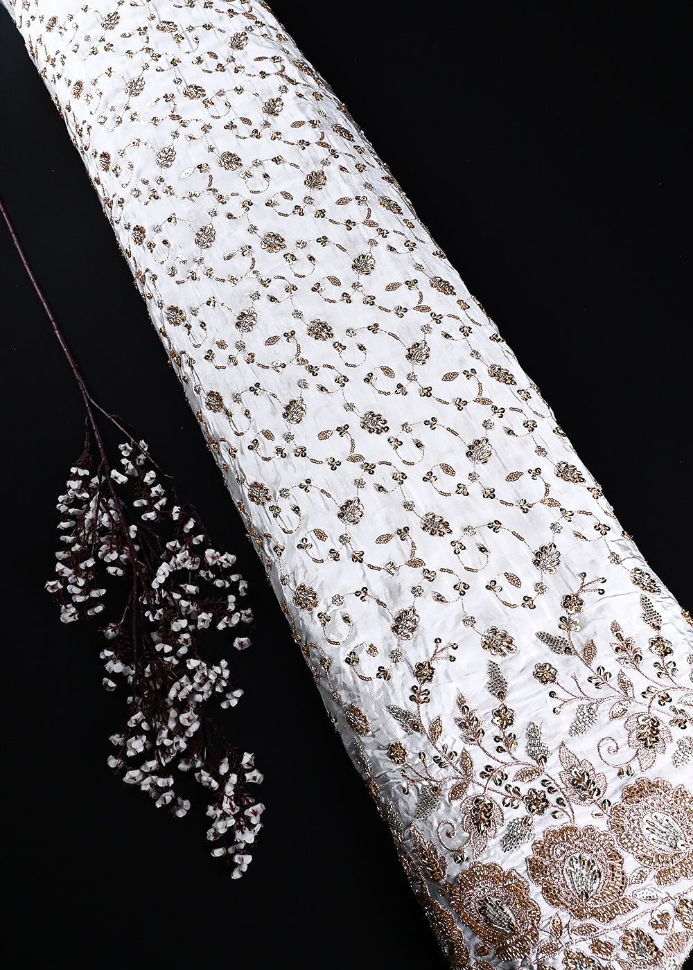 White Dyeable Crepe Fabric With All Over Zari, Sequins And Katdana Work With One Side Border 23848