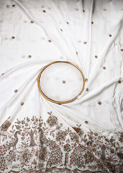 White Dyeable Crepe Fabric With All Over Zari, Sequins And Katdana Work With One Side Border 24849