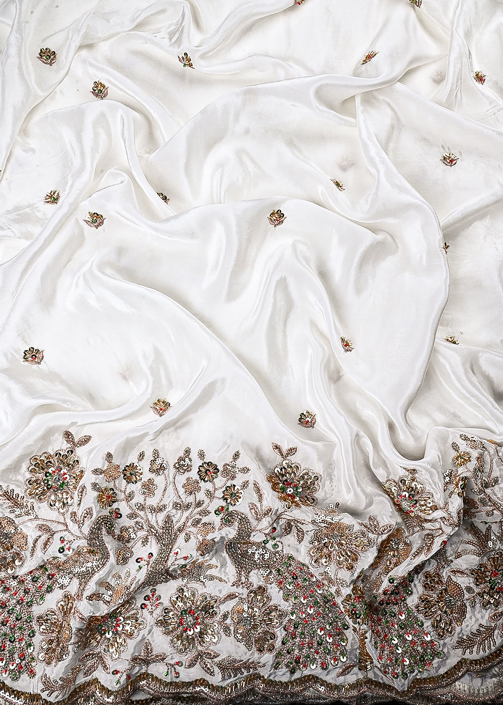 White Dyeable Crepe Fabric With All Over Zari, Sequins And Katdana Work With One Side Border 24849