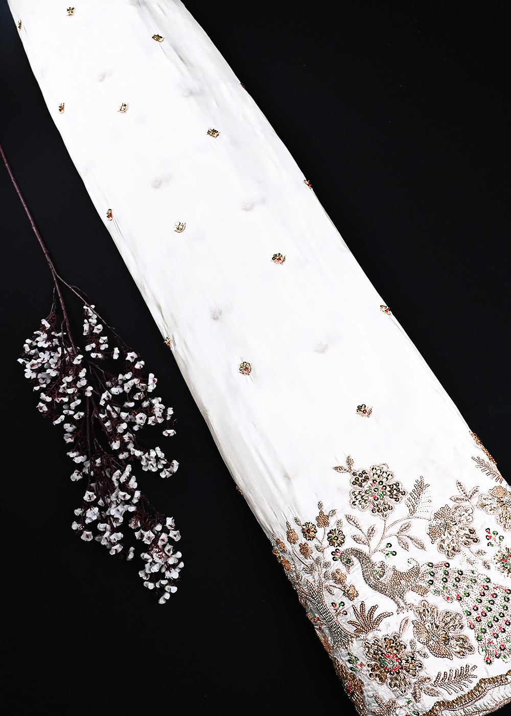 White Dyeable Crepe Fabric With All Over Zari, Sequins And Katdana Work With One Side Border 24849