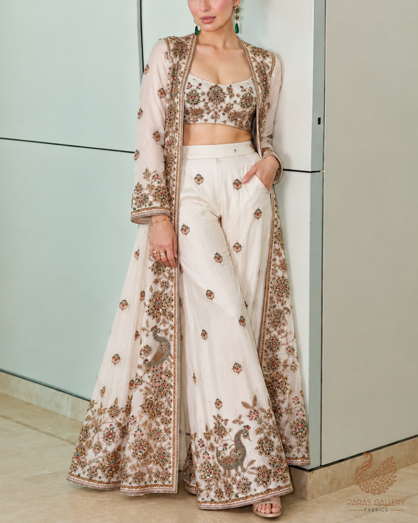 White Dyeable Crepe Fabric With All Over Zari, Sequins And Katdana Work With One Side Border 24849