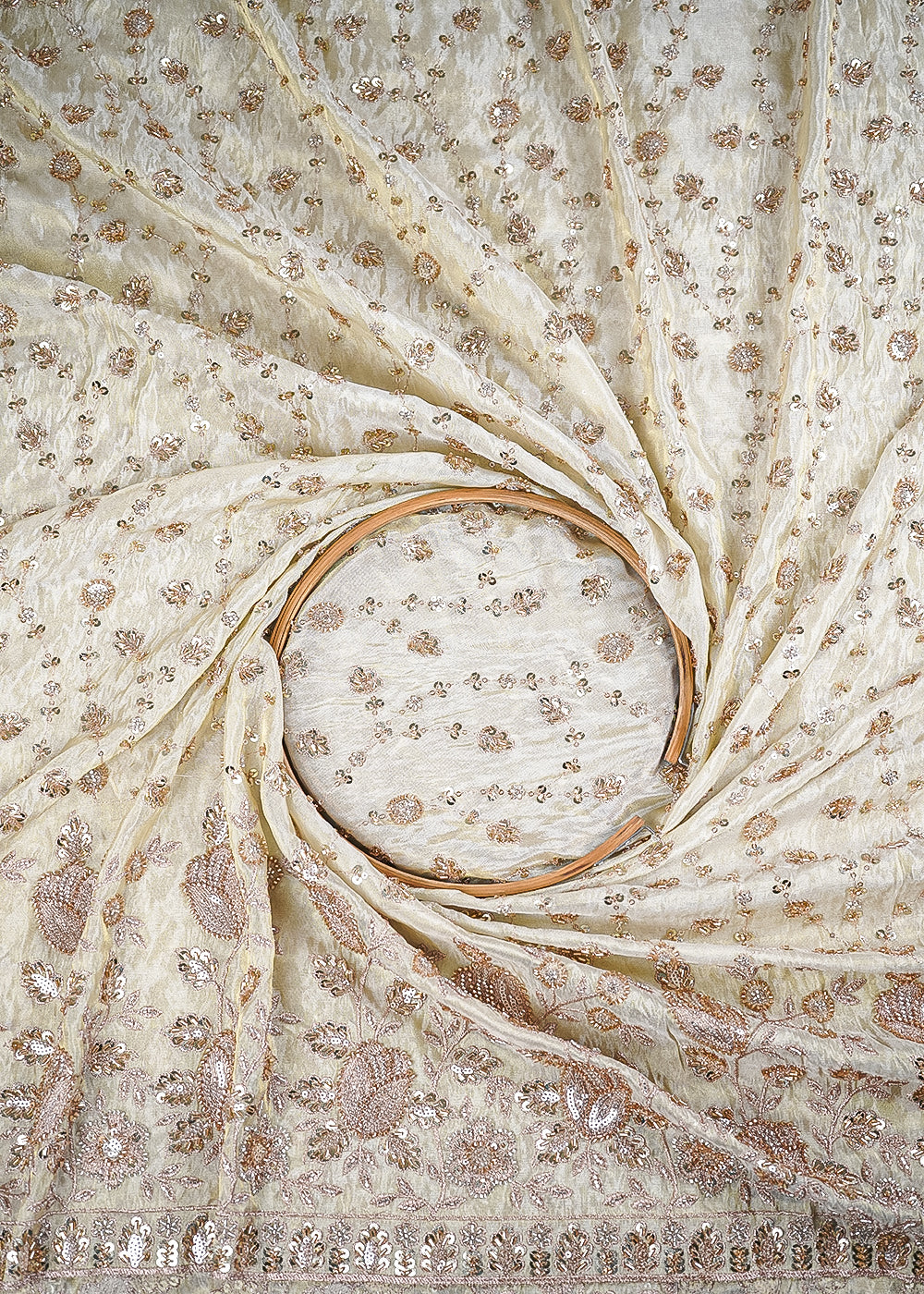 Golden Dyeable Tissue Fabric With All Over Zari And Katdana Work With One Side Heavy Border 24850